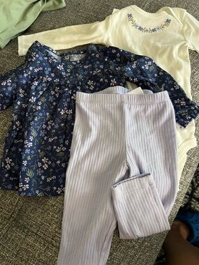 Carter's Navy Floral Top, Cream Bodysuit, and Light Lavender Ribbed Leggings Set